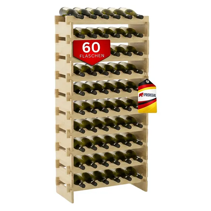 PROREGAL Weinregal NAVARRA aus Holz 135x65x28cm 60 Flaschen auf 10 Ebenen schmal Flaschenregal freistehend Massives Kiefernholz Natur unbehandelt -  - Weinregal aus hellem Naturholz, gefüllt mit 60 Weinflaschen.