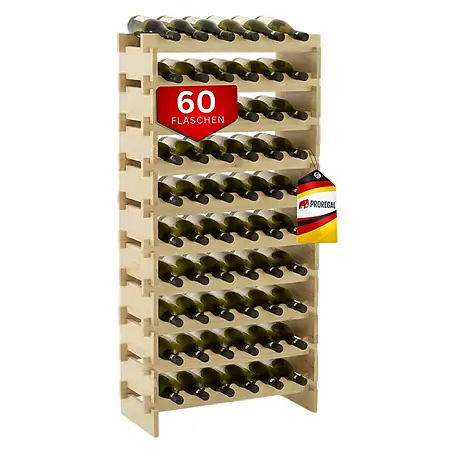 PROREGAL Weinregal NAVARRA aus Holz 135x65x28cm 60 Flaschen auf 10 Ebenen schmal Flaschenregal freistehend Massives Kiefernholz Natur unbehandelt