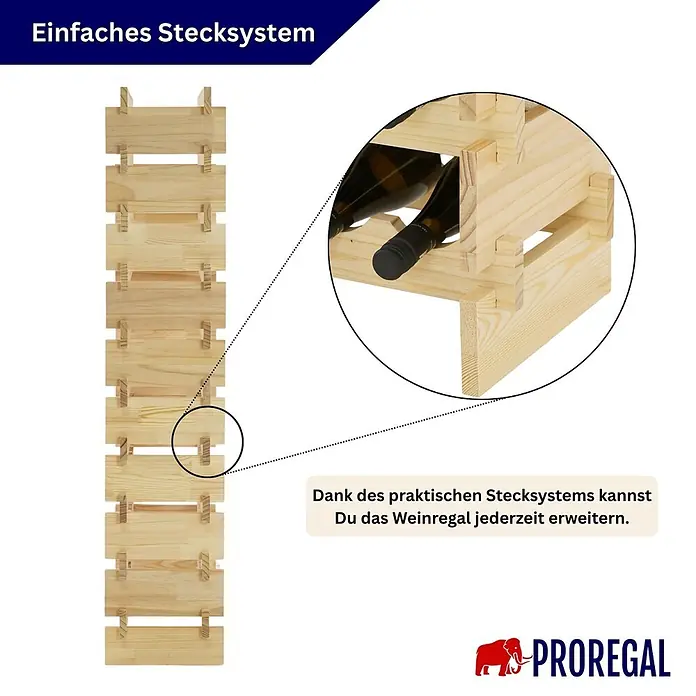 Proregal Flaschenregal Weinregal NAVARRA aus Holz 80 Flaschen auf 10 Ebenen Natur unbehandelt - L x B x H: 28 x 84 x 135 cm, Holz, Anzahl Böden: 1 Stk.
