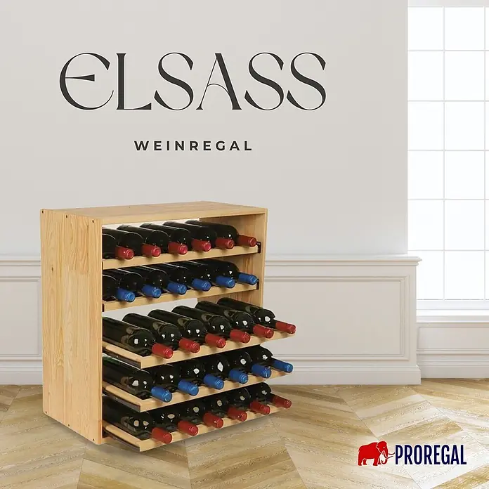 PROREGAL Modulares Weinregal ELSASS HxBxT 60x60x30cm Auszug Modul für 30 Flaschen mit ausziehbaren Ebenen Massives Kiefernholz Natur -  - Weinregal aus Naturholz, gefüllt mit Flaschen, bietet stilvolle und praktische Weinlagerung.