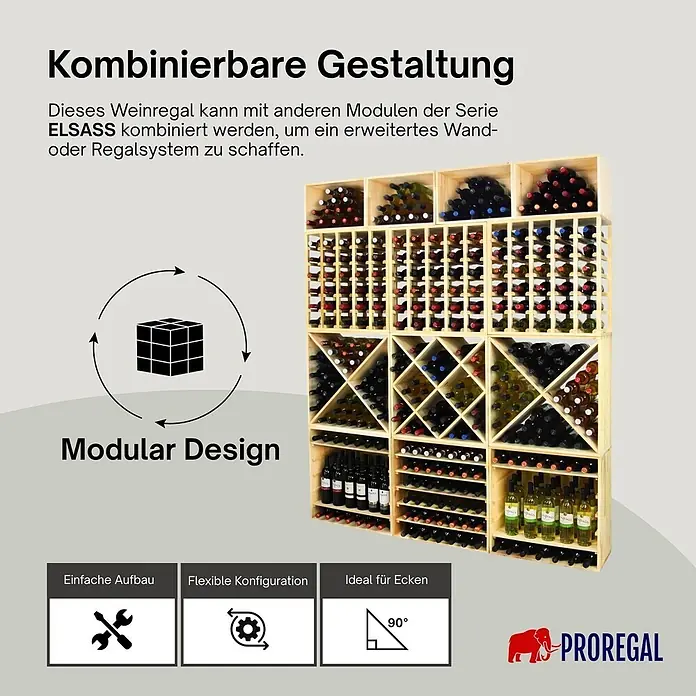 PROREGAL Modulares Weinregal ELSASS HxBxT 60x60x30cm Auszug Modul für 30 Flaschen mit ausziehbaren Ebenen Massives Kiefernholz Natur -  - Modulares Weinregalsystem aus Holz, mit verschiedenen Fächern für Weinflaschen, in verschiedenen Konfigurationen dargestellt.