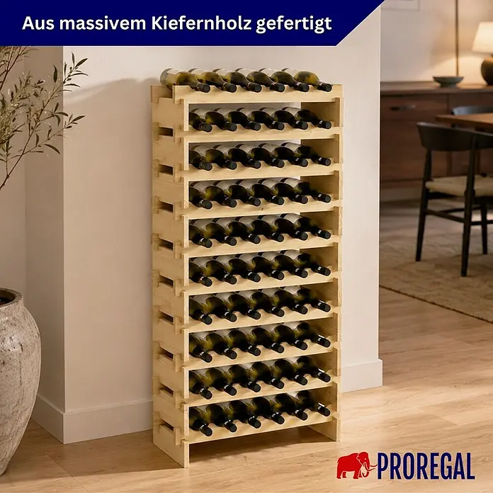 PROREGAL Weinregal NAVARRA aus Holz 135x65x28cm 60 Flaschen auf 10 Ebenen schmal Flaschenregal freistehend Massives Kiefernholz Natur unbehandelt -  - Weinregal aus massivem Kiefernholz, mit Flaschen in einem Raum.