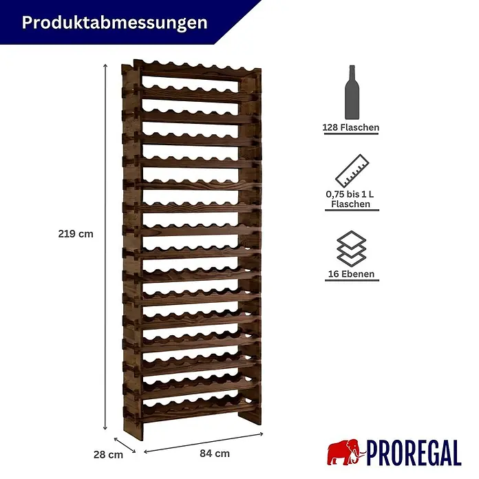 Proregal Flaschenregal Weinregal NAVARRA aus Holz 128 Flaschen auf 16 Ebenen Braun geölt - L x B x H: 28 x 84 x 219 cm, Holz, Anzahl Böden: 1 Stk.