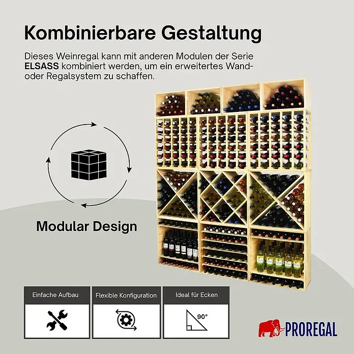 Proregal Flaschenregal Modulares Weinregal ELSASS 60x60x30cm Rauten Modul für 30 Flaschen Braun - L x B x H: 30 x 60 x 60 cm, Holz