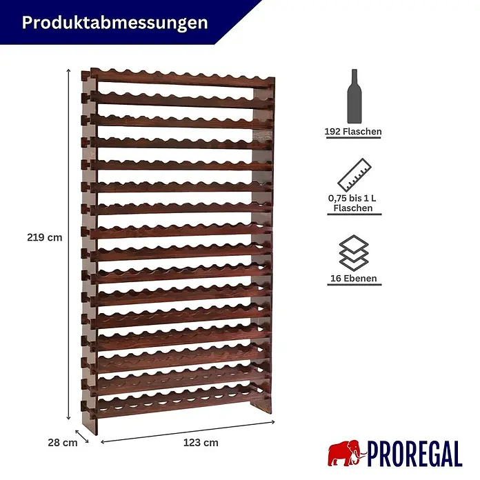 Proregal Flaschenregal Weinregal NAVARRA aus Holz 192 Flaschen auf 16 Ebenen Braun geölt - L x B x H: 28 x 123 x 219 cm, Holz, Anzahl Böden: 1 Stk.