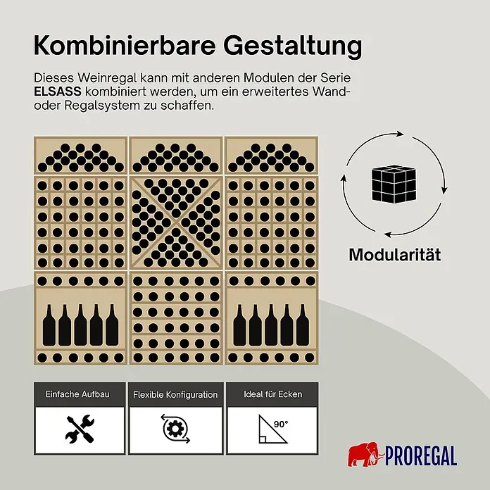 Proregal Flaschenregal Modulares Weinregal ELSASS 60x60x30cm Rauten Modul für 30 Flaschen Braun - L x B x H: 30 x 60 x 60 cm, Holz