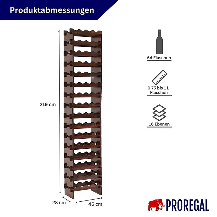 Proregal Flaschenregal Weinregal NAVARRA aus Holz 64 Flaschen auf 16 Ebenen Braun geölt - L x B x H: 28 x 46 x 219 cm, Holz, Anzahl Böden: 1 Stk.