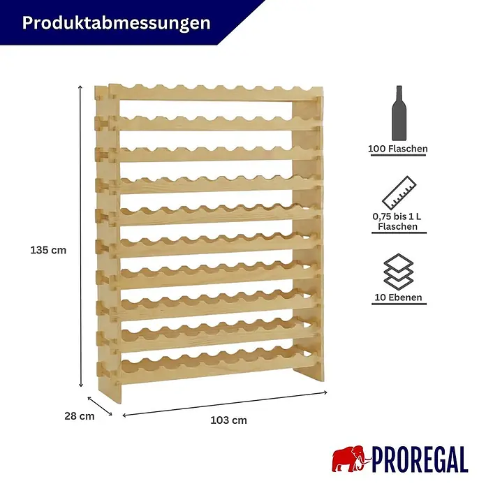 Proregal Flaschenregal Weinregal NAVARRA aus Holz 100 Flaschen auf 10 Ebenen Natur unbehandelt - L x B x H: 28 x 103 x 135 cm, Holz, Anzahl Böden: 1 Stk.