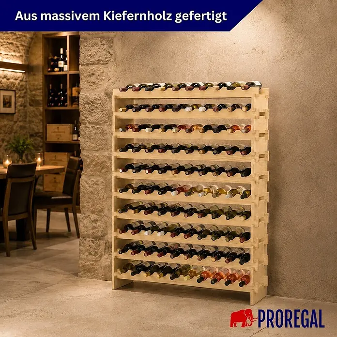 Proregal Flaschenregal Weinregal NAVARRA aus Holz 100 Flaschen auf 10 Ebenen Natur unbehandelt - L x B x H: 28 x 103 x 135 cm, Holz, Anzahl Böden: 1 Stk.