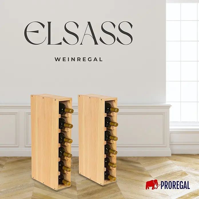 Proregal Flaschenregal Modulares Weinregal ELSASS 60x12x30cm Schmal Modul für 6 Flaschen Natur - L x B x H: 30 x 12 x 60 cm, Holz - Zwei Holz-Weinregale, gefüllt mit Flaschen, in einem Raum.