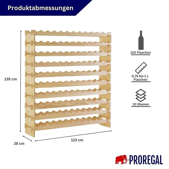 Proregal Flaschenregal Weinregal NAVARRA aus Holz 120 Flaschen auf 10 Ebenen Natur unbehandelt - L x B x H: 28 x 123 x 135 cm, Holz, Anzahl Böden: 1 Stk.