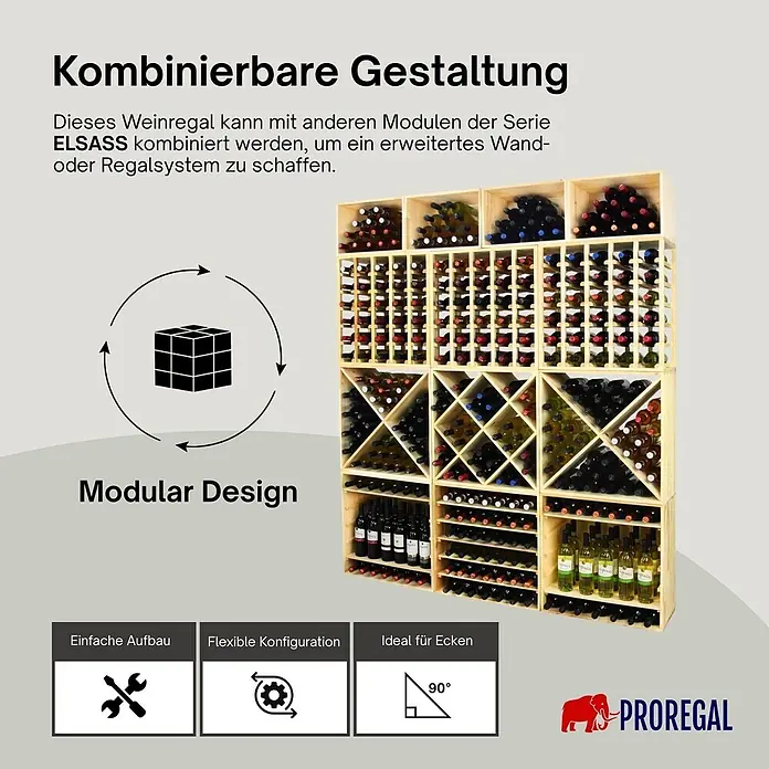 Proregal Flaschenregal Modulares Weinregal ELSASS 60x12x30cm Schmal Modul für 6 Flaschen Natur - L x B x H: 30 x 12 x 60 cm, Holz - Ein großes, modulares Weinregalsystem aus Holz, gefüllt mit verschiedenen Weinflaschen. Es besteht aus stapelbaren und kombinierbaren Holzmodulen.