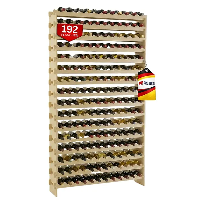 Proregal Flaschenregal Weinregal NAVARRA aus Holz 192 Flaschen auf 16 Ebenen Natur unbehandelt - L x B x H: 28 x 123 x 219 cm, Holz, Anzahl Böden: 1 Stk.