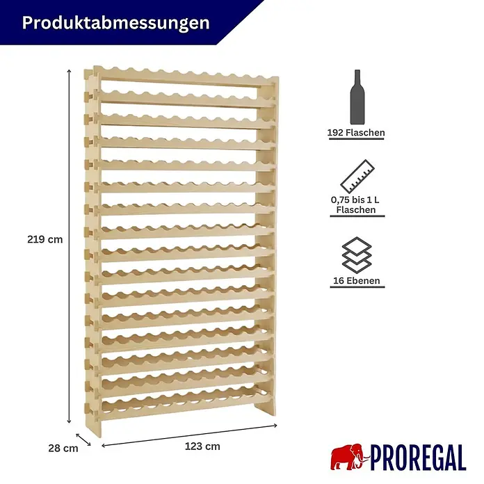 Proregal Flaschenregal Weinregal NAVARRA aus Holz 192 Flaschen auf 16 Ebenen Natur unbehandelt - L x B x H: 28 x 123 x 219 cm, Holz, Anzahl Böden: 1 Stk.