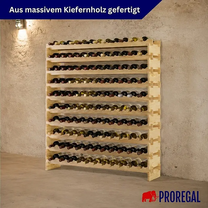 Proregal Flaschenregal Weinregal NAVARRA aus Holz 120 Flaschen auf 10 Ebenen Natur unbehandelt - L x B x H: 28 x 123 x 135 cm, Holz, Anzahl Böden: 1 Stk.