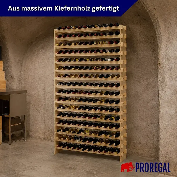 Proregal Flaschenregal Weinregal NAVARRA aus Holz 192 Flaschen auf 16 Ebenen Natur unbehandelt - L x B x H: 28 x 123 x 219 cm, Holz, Anzahl Böden: 1 Stk.