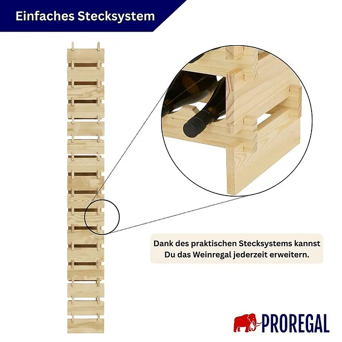 Proregal Flaschenregal Weinregal NAVARRA aus Holz 96 Flaschen auf 16 Ebenen Natur unbehandelt - L x B x H: 28 x 65 x 219 cm, Holz, Anzahl Böden: 1 Stk.