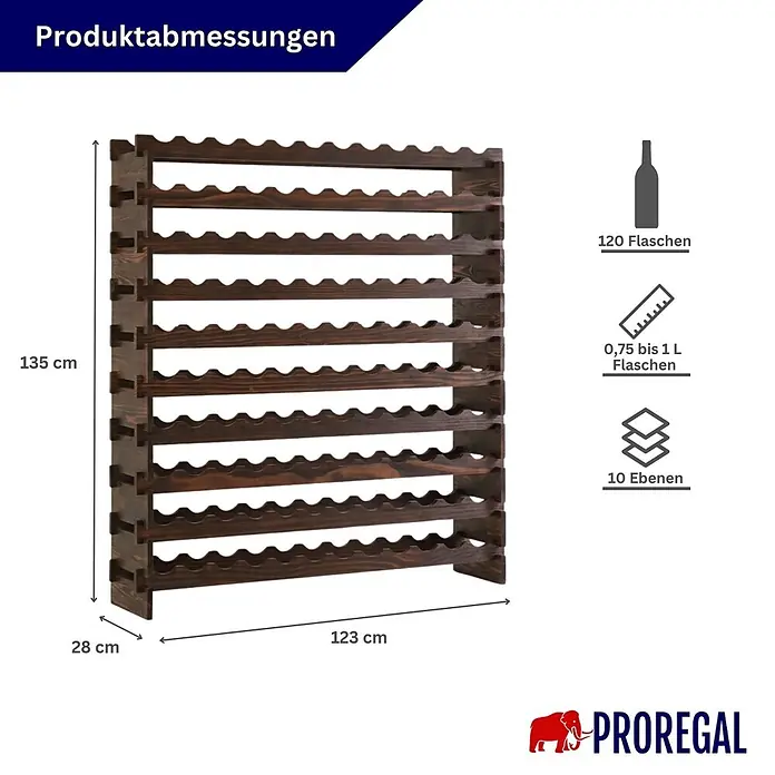 Proregal Flaschenregal Weinregal NAVARRA aus Holz 120 Flaschen auf 10 Ebenen Braun geölt - L x B x H: 28 x 123 x 135 cm, Holz, Anzahl Böden: 1 Stk.