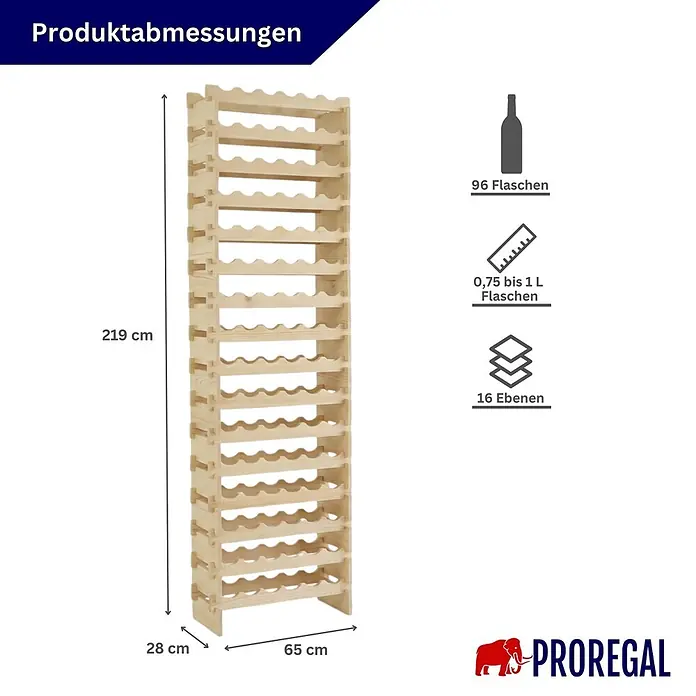 Proregal Flaschenregal Weinregal NAVARRA aus Holz 96 Flaschen auf 16 Ebenen Natur unbehandelt - L x B x H: 28 x 65 x 219 cm, Holz, Anzahl Böden: 1 Stk.