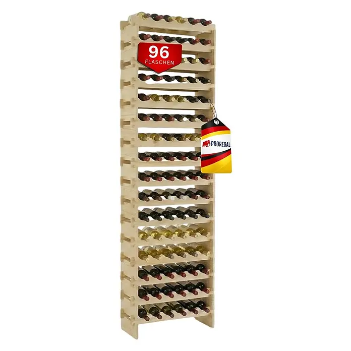 Proregal Flaschenregal Weinregal NAVARRA aus Holz 96 Flaschen auf 16 Ebenen Natur unbehandelt - L x B x H: 28 x 65 x 219 cm, Holz, Anzahl Böden: 1 Stk.