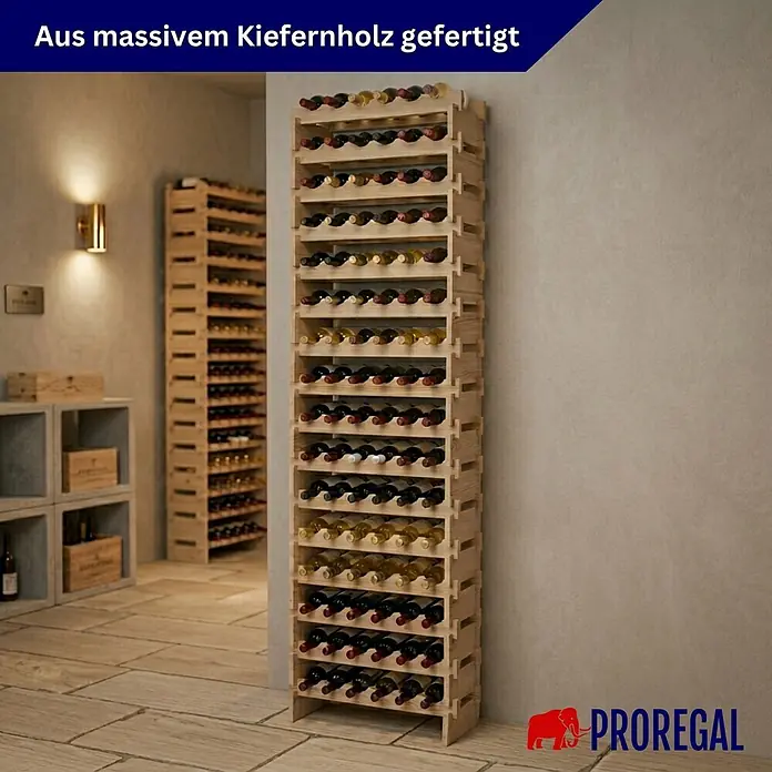 Proregal Flaschenregal Weinregal NAVARRA aus Holz 96 Flaschen auf 16 Ebenen Natur unbehandelt - L x B x H: 28 x 65 x 219 cm, Holz, Anzahl Böden: 1 Stk.