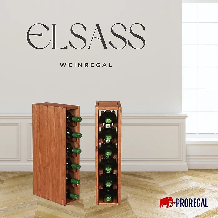 Proregal Flaschenregal Modulares Weinregal ELSASS 60x12x30cm Schmal Modul für 6 Flaschen Braun - L x B x H: 30 x 12 x 60 cm, Holz - Zwei braune Weinregale aus Holz, von der Seite und vorne, gefüllt mit grünen Weinflaschen, auf Holzboden stehend.