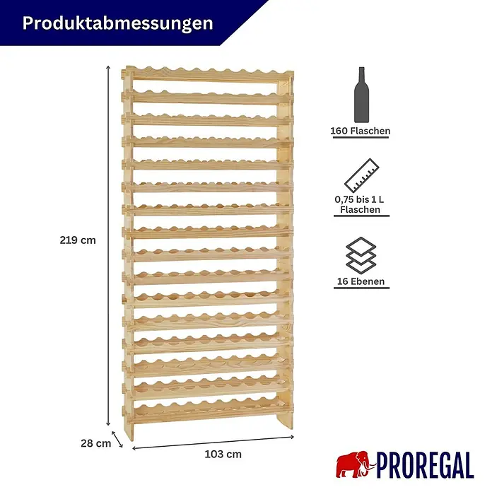 Proregal Flaschenregal Weinregal NAVARRA aus Holz 160 Flaschen auf 16 Ebenen Natur unbehandelt - L x B x H: 28 x 103 x 219 cm, Holz, Anzahl Böden: 1 Stk.