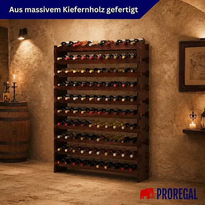Weinregal NAVARRA 135x103x28cm 100 Flaschen 10 Ebenen schmal Braun geölt -  - Großes, dunkel gebeiztes Weinregal aus massivem Kiefernholz, gefüllt mit zahlreichen Weinflaschen, in rustikaler Kellerumgebung.