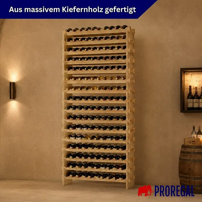 Proregal Flaschenregal Weinregal NAVARRA aus Holz 160 Flaschen auf 16 Ebenen Natur unbehandelt - L x B x H: 28 x 103 x 219 cm, Holz, Anzahl Böden: 1 Stk.