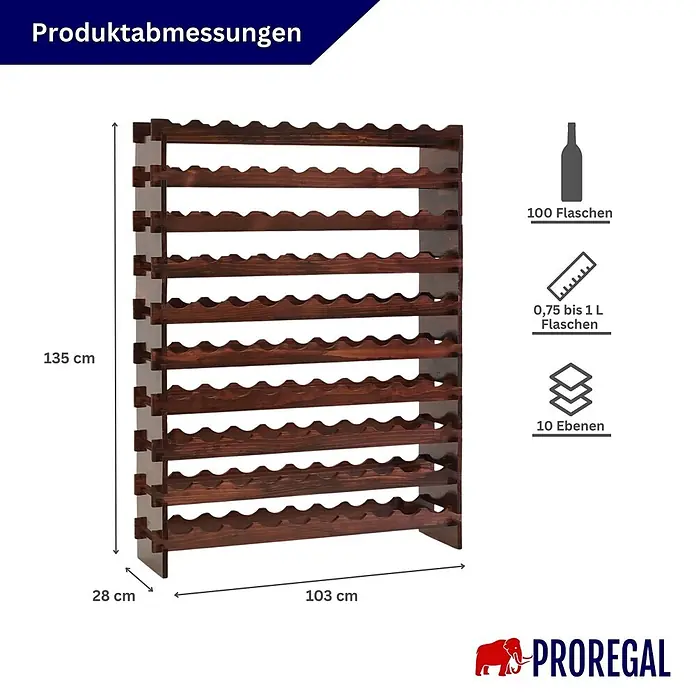 Proregal Flaschenregal Weinregal NAVARRA aus Holz 100 Flaschen auf 10 Ebenen Braun geölt - L x B x H: 28 x 103 x 135 cm, Holz, Anzahl Böden: 1 Stk. - Dunkelbraunes Holz-Weinregal mit 10 Ebenen für 100 Flaschen (0,75-1L). Maße: 135x103x28 cm (HxBxT).