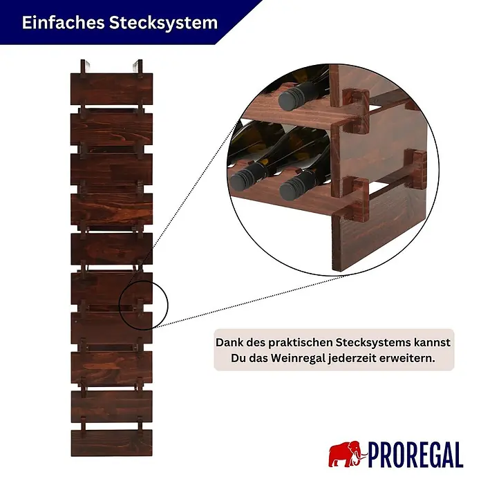 Proregal Flaschenregal Weinregal NAVARRA aus Holz 100 Flaschen auf 10 Ebenen Braun geölt - L x B x H: 28 x 103 x 135 cm, Holz, Anzahl Böden: 1 Stk. - Dunkelbraunes modulares Weinregal aus Holz für Flaschen, erweiterbar.