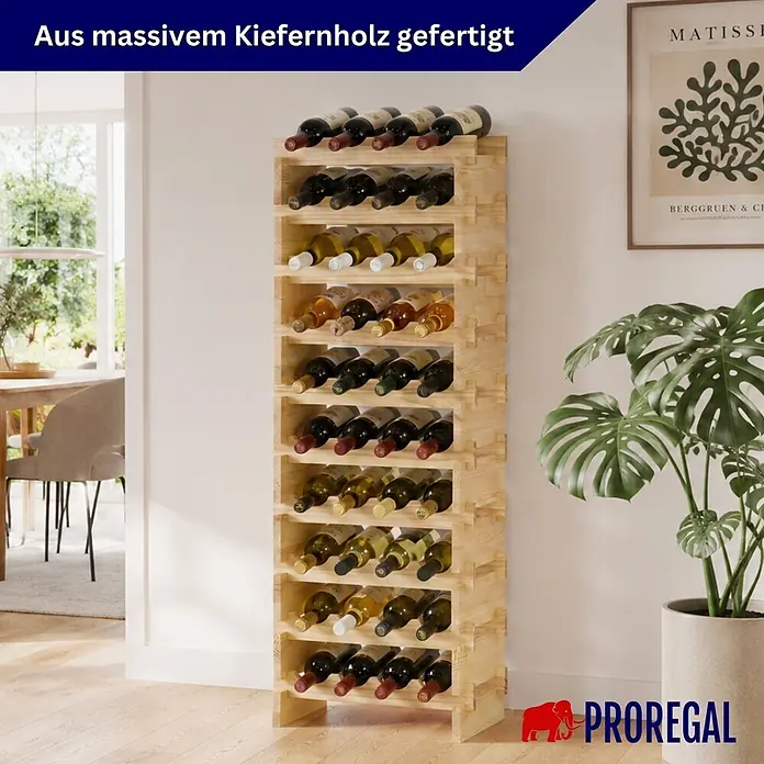 Proregal Flaschenregal Weinregal NAVARRA aus Holz 40 Flaschen auf 10 Ebenen Natur unbehandelt - L x B x H: 28 x 46 x 135 cm, Holz, Anzahl Böden: 1 Stk.