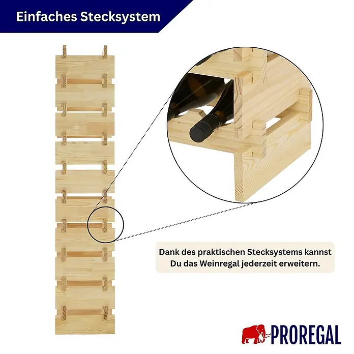 Proregal Flaschenregal Weinregal NAVARRA aus Holz 40 Flaschen auf 10 Ebenen Natur unbehandelt - L x B x H: 28 x 46 x 135 cm, Holz, Anzahl Böden: 1 Stk.