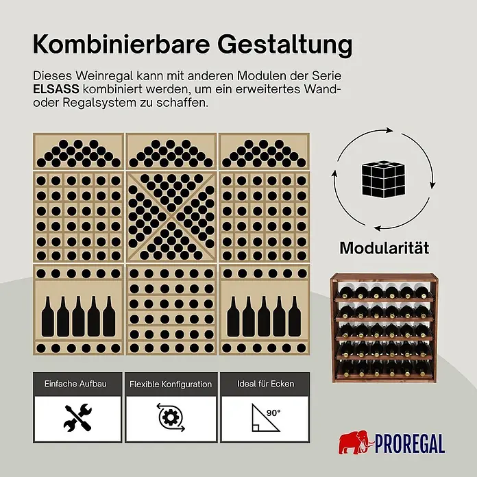 Proregal Flaschenregal Modulares Weinregal ELSASS 60x60x30cm Auszug Modul für 30 Flaschen Braun - L x B x H: 30 x 60 x 60 cm, Holz - Modulares Weinregalsystem aus Holz mit verschiedenen Konfigurationsoptionen für Weinflaschen, einfacher Montage und flexiblem Design.