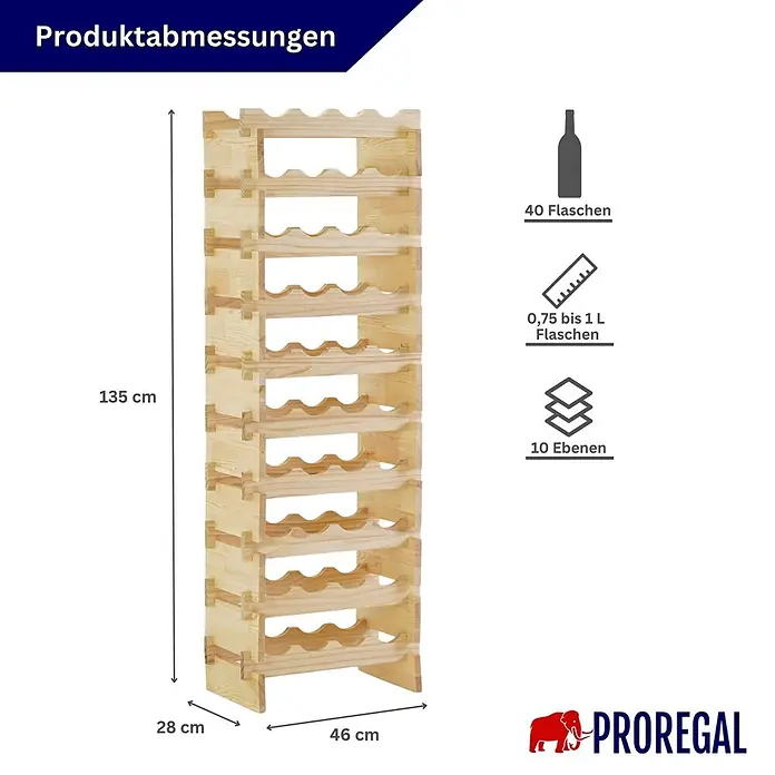 Proregal Flaschenregal Weinregal NAVARRA aus Holz 40 Flaschen auf 10 Ebenen Natur unbehandelt - L x B x H: 28 x 46 x 135 cm, Holz, Anzahl Böden: 1 Stk.