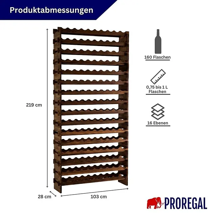 Proregal Flaschenregal Weinregal NAVARRA aus Holz 160 Flaschen auf 16 Ebenen Braun geölt - L x B x H: 28 x 103 x 219 cm, Holz, Anzahl Böden: 1 Stk.
