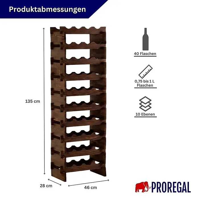 Proregal Flaschenregal Weinregal NAVARRA aus Holz 40 Flaschen auf 10 Ebenen Braun geölt - L x B x H: 28 x 46 x 135 cm, Holz, Anzahl Böden: 1 Stk.