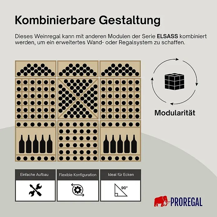 Proregal Flaschenregal Modulares Weinregal ELSASS 60x60x30cm Rauten Modul für 30 Flaschen Natur - L x B x H: 30 x 60 x 60 cm, Holz