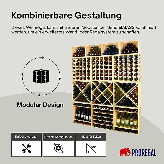Proregal Flaschenregal Modulares Weinregal ELSASS 60x60x30cm Rauten Modul für 30 Flaschen Natur - L x B x H: 30 x 60 x 60 cm, Holz