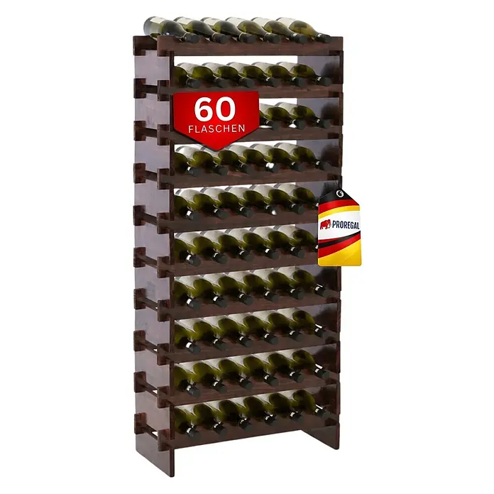 Proregal Flaschenregal Weinregal NAVARRA aus Holz 60 Flaschen auf 10 Ebenen Braun geölt - L x B x H: 28 x 65 x 135 cm, Holz, Anzahl Böden: 1 Stk.