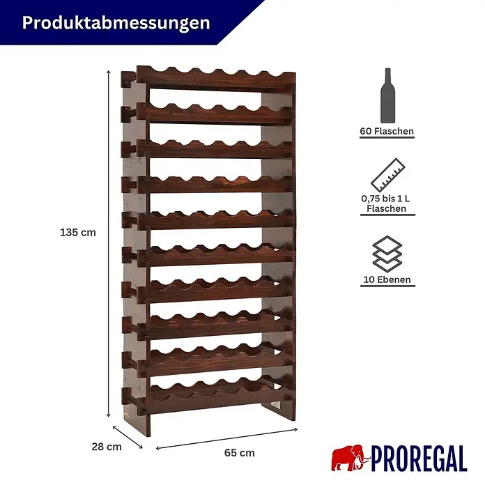 Proregal Flaschenregal Weinregal NAVARRA aus Holz 60 Flaschen auf 10 Ebenen Braun geölt - L x B x H: 28 x 65 x 135 cm, Holz, Anzahl Böden: 1 Stk.