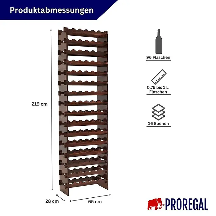 Proregal Flaschenregal Weinregal NAVARRA aus Holz 96 Flaschen auf 16 Ebenen Braun geölt - L x B x H: 28 x 65 x 219 cm, Holz, Anzahl Böden: 1 Stk.