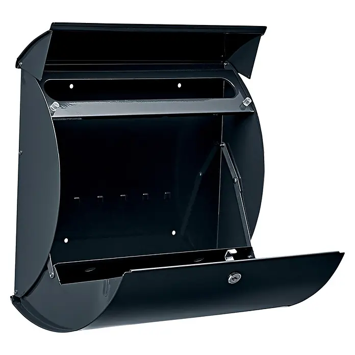 Burg-Wächter Wandbriefkasten Capri 813 Ant - L x B x H: 8 x 21,5 x 30,4 cm, Anthrazit, Stahl - Offener schwarzer Metallbriefkasten mit geöffneten oberen und vorderen Klappen, der das Innenfach zeigt.