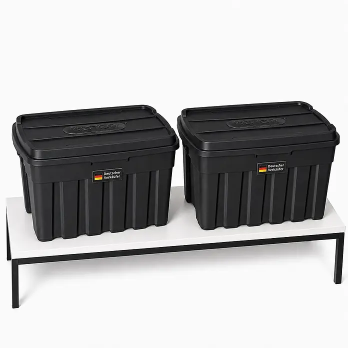2x Lagerbox Tuffpacker 140 Liter -  - Zwei schwarze Kunststoff-Aufbewahrungsboxen mit Deckeln auf einem weißen Regal.