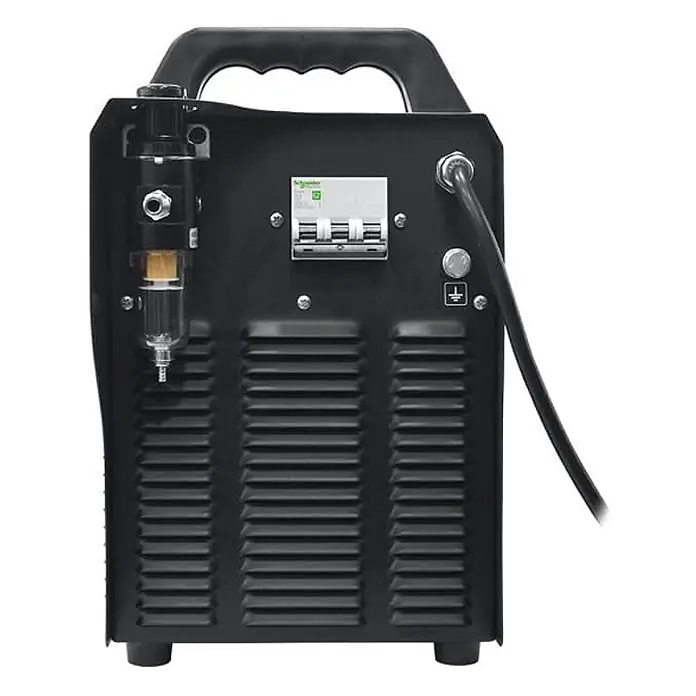 PATON StandardCUT-70-400V Plasmaschneider, 70 A, 400 V, Stahlschneidgerät, sauberer Schnitt bis 25 mm -  - Schwarze, tragbare Industriemaschine mit Griff oben, seitlicher Luftfiltereinheit und zentralem Schutzschalter hinten.