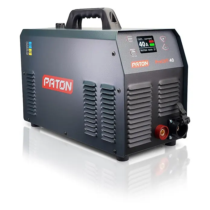 PATON ProCUT-40 Plasmaschneider, 40 A, 230 V, mobiles Stahlschneidgerät, sauberer Schnitt bis 12 mm -  - Dunkelgraues PATON ProCUT 40 Plasmaschneidgerät mit Griff und Bedienfeld, das 40A Strom anzeigt.