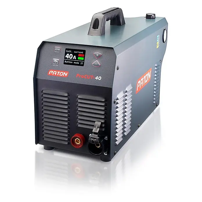 PATON ProCUT-40 Plasmaschneider, 40 A, 230 V, mobiles Stahlschneidgerät, sauberer Schnitt bis 12 mm -  - Grauer PATON ProCUT-40 Plasmaschneider mit digitaler Anzeige von 40A, Griff und Frontanschlüssen.