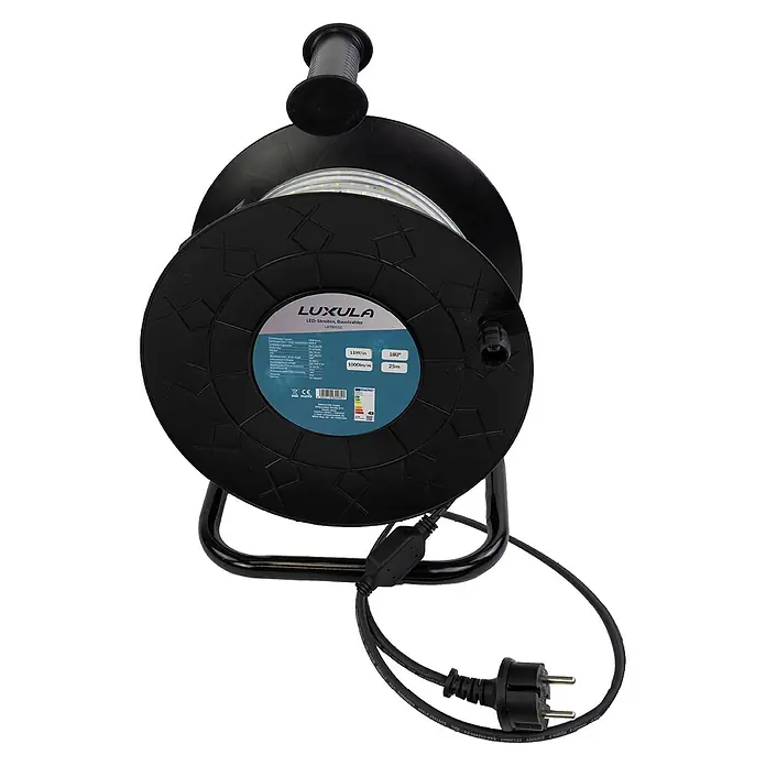 Luxula LED-Band LX700112 - Länge: 320 m, Lichtfarbe: Neutralweiß - Schwarze Rolle mit LED-Streifen, Griff, Ständer und Netzstecker. Portable Beleuchtungslösung.