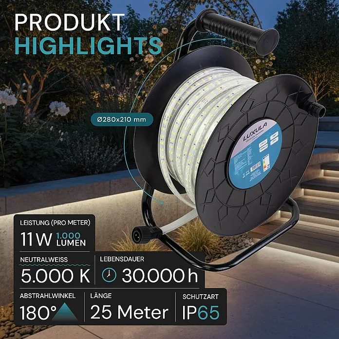 Luxula LED-Band LX700112 - Länge: 320 m, Lichtfarbe: Neutralweiß - Weißes 25 Meter LED-Lichtband auf schwarzer Kabeltrommel mit Ständer, ideal für den Außenbereich.
