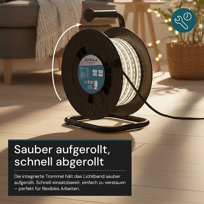 Luxula LED-Band LX700112 - Länge: 320 m, Lichtfarbe: Neutralweiß - Schwarze Kabeltrommel mit sauber aufgewickeltem LED-Lichtband, bereit für flexiblen Einsatz.